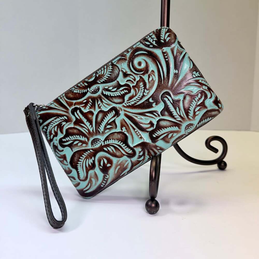 Patricia Nash Capri Tooled Leather Turquoise Brown Wristlet